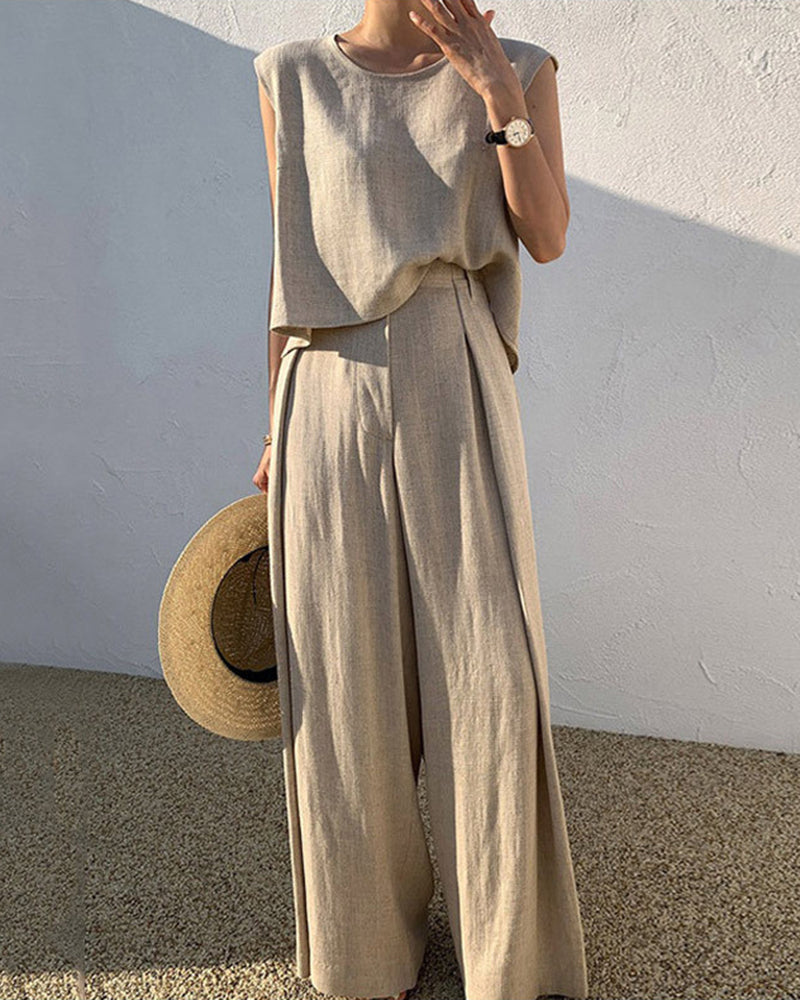 Sleeveless Suits Solid Sets Crew Neck Tank Tops And Wide Leg Long Trousers – Khaki S Sleeveless Suits Solid Sets Crew Neck Tank Tops And Wide Leg Long Trousers – Khaki S
