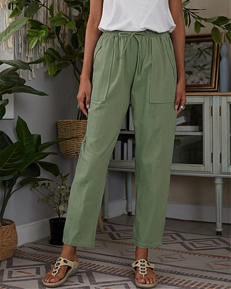Zeagoo Drawstring Elastic Waist Straight Trousers Pants with Pockets – Green S Zeagoo Drawstring Elastic Waist Straight Trousers Pants with Pockets – Green S