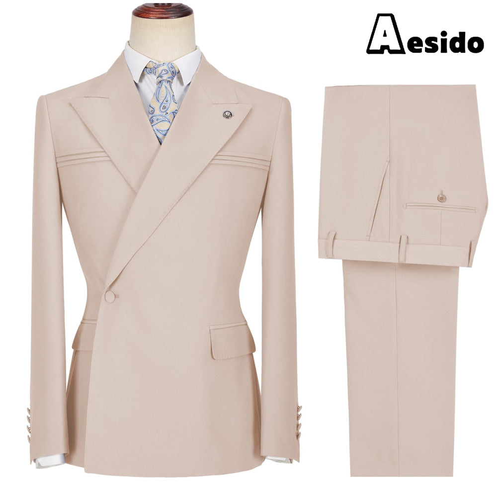 Aesido Pieces Business Mens Suit Slim Fit Peak Lapel Flat Blazer For Wedding Blazer + Pants – Beige R Aesido Pieces Business Mens Suit Slim Fit Peak Lapel Flat Blazer For Wedding Blazer + Pants – Beige R
