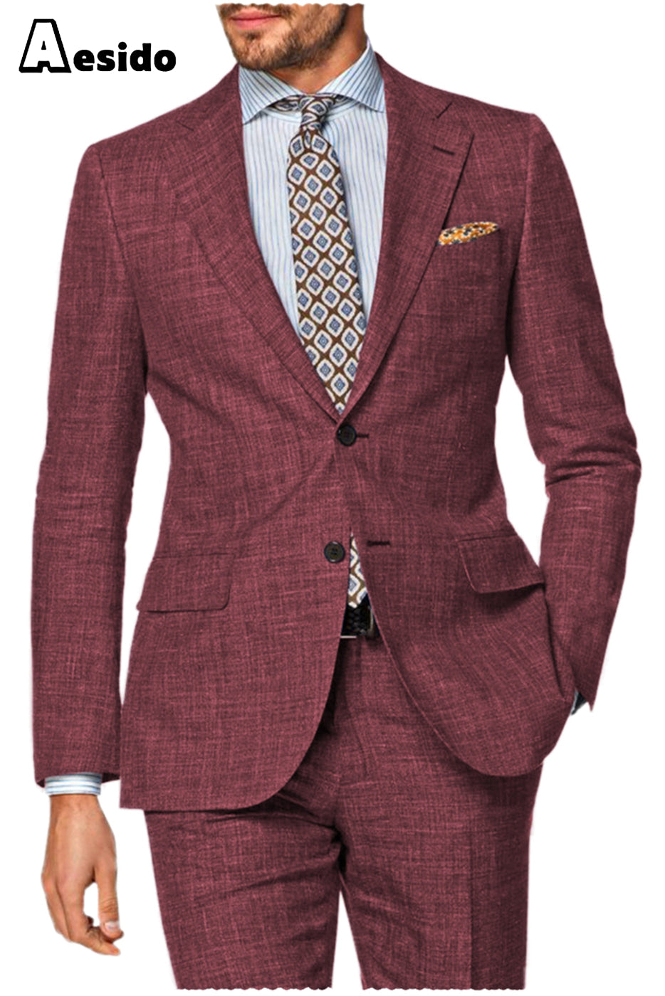 Aesido Pieces Double Button Notch Lapel Linen Men’s Suit Blazer+Pants – Burgundy R Aesido Pieces Double Button Notch Lapel Linen Men’s Suit Blazer+Pants – Burgundy R