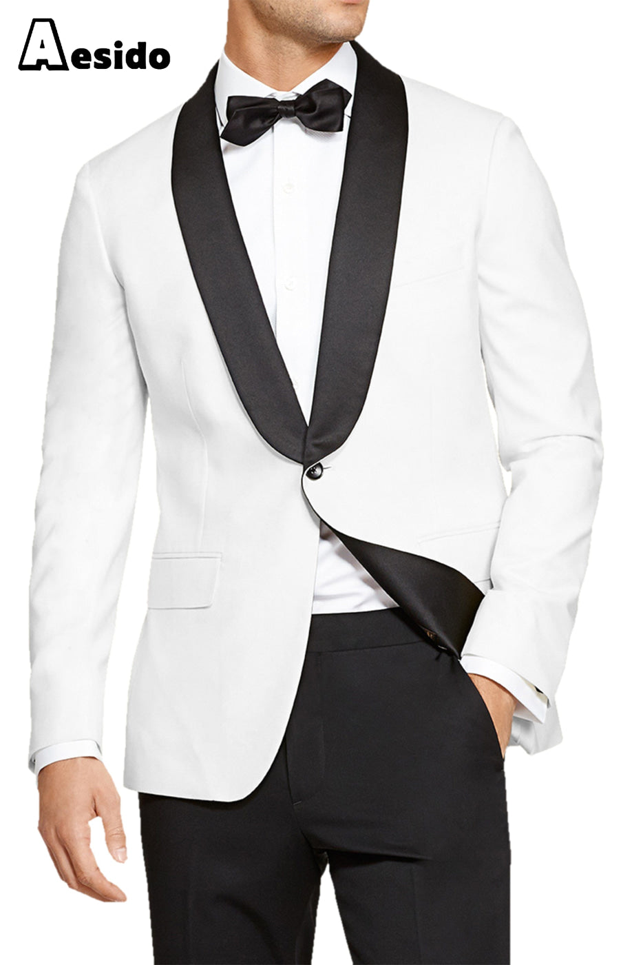 Aesido Pieces Fashion Shawl Lapel Men’s Suit(Blazer+Pants) – White R Aesido Pieces Fashion Shawl Lapel Men’s Suit(Blazer+Pants) – White R