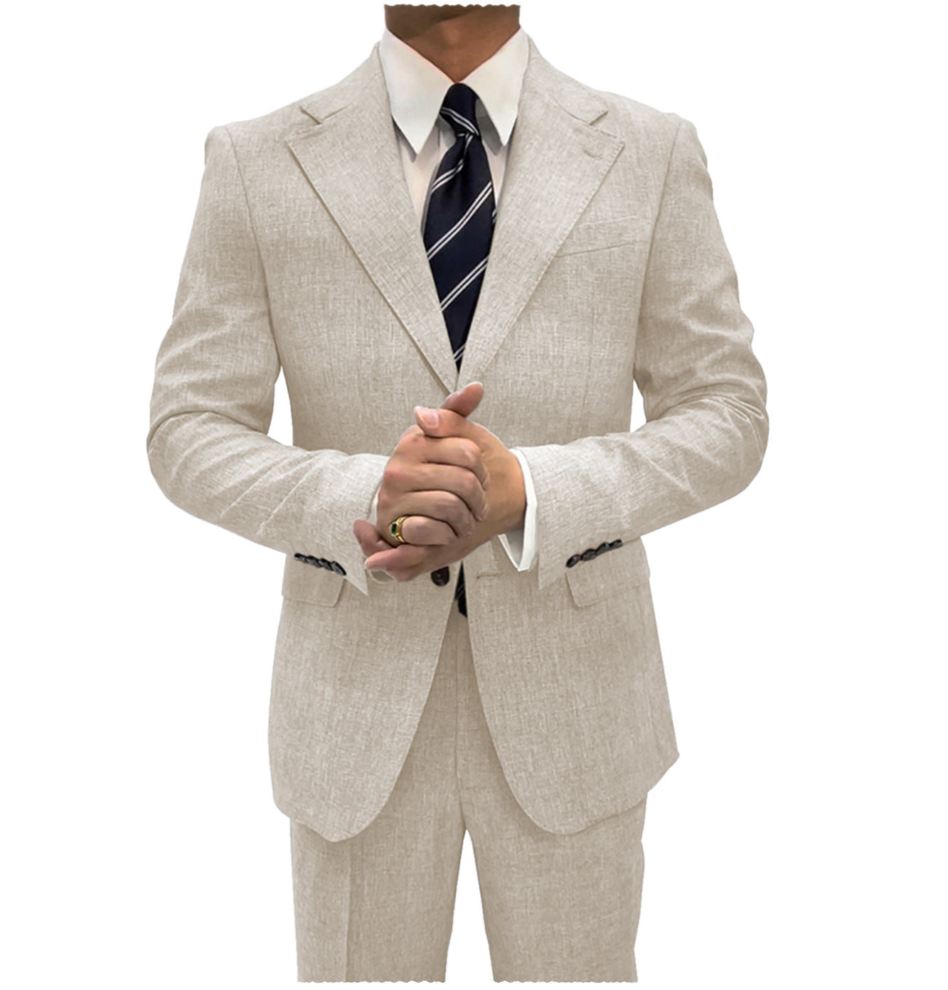 Aesido Pieces Single Button Notch Lapel Linen Men Suit Blazer+Pants – Beige R Aesido Pieces Single Button Notch Lapel Linen Men Suit Blazer+Pants – Beige R