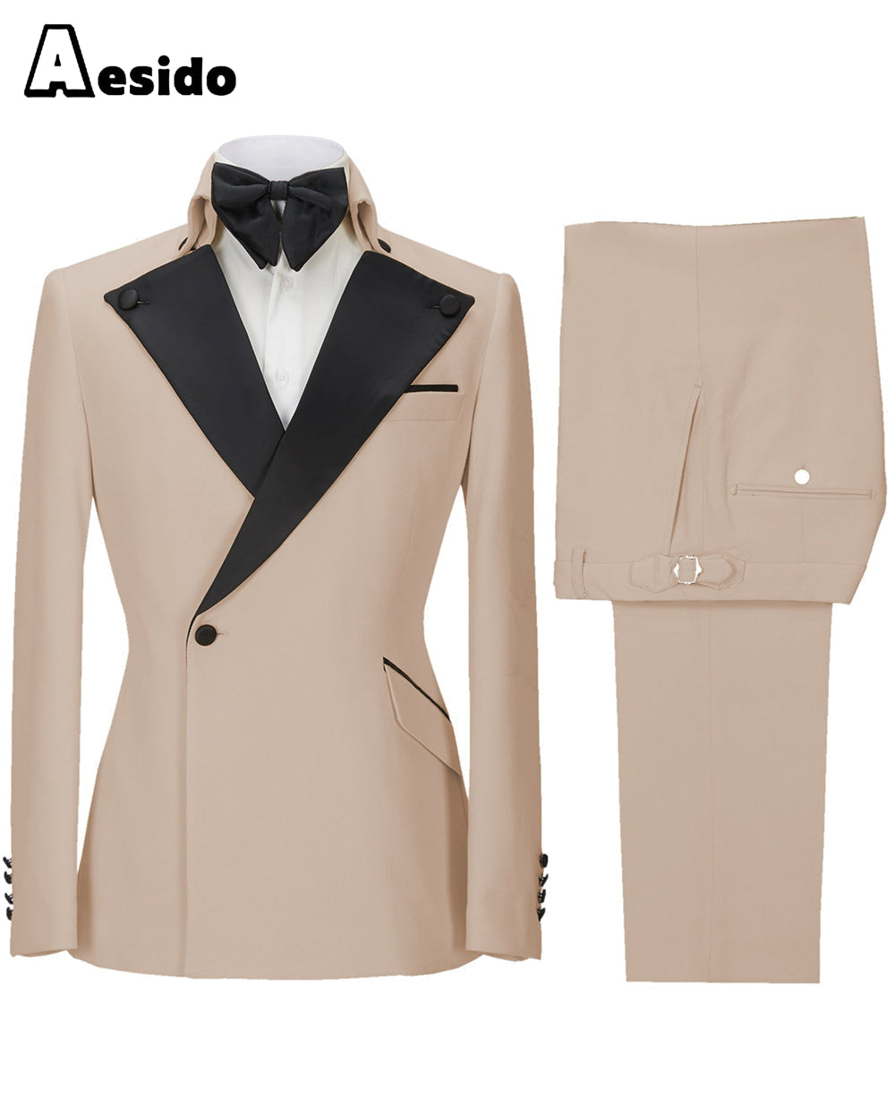 Aesido Pieces Single Button Shawl Lapel Men Suit Blazer+Pants – Beige R Aesido Pieces Single Button Shawl Lapel Men Suit Blazer+Pants – Beige R