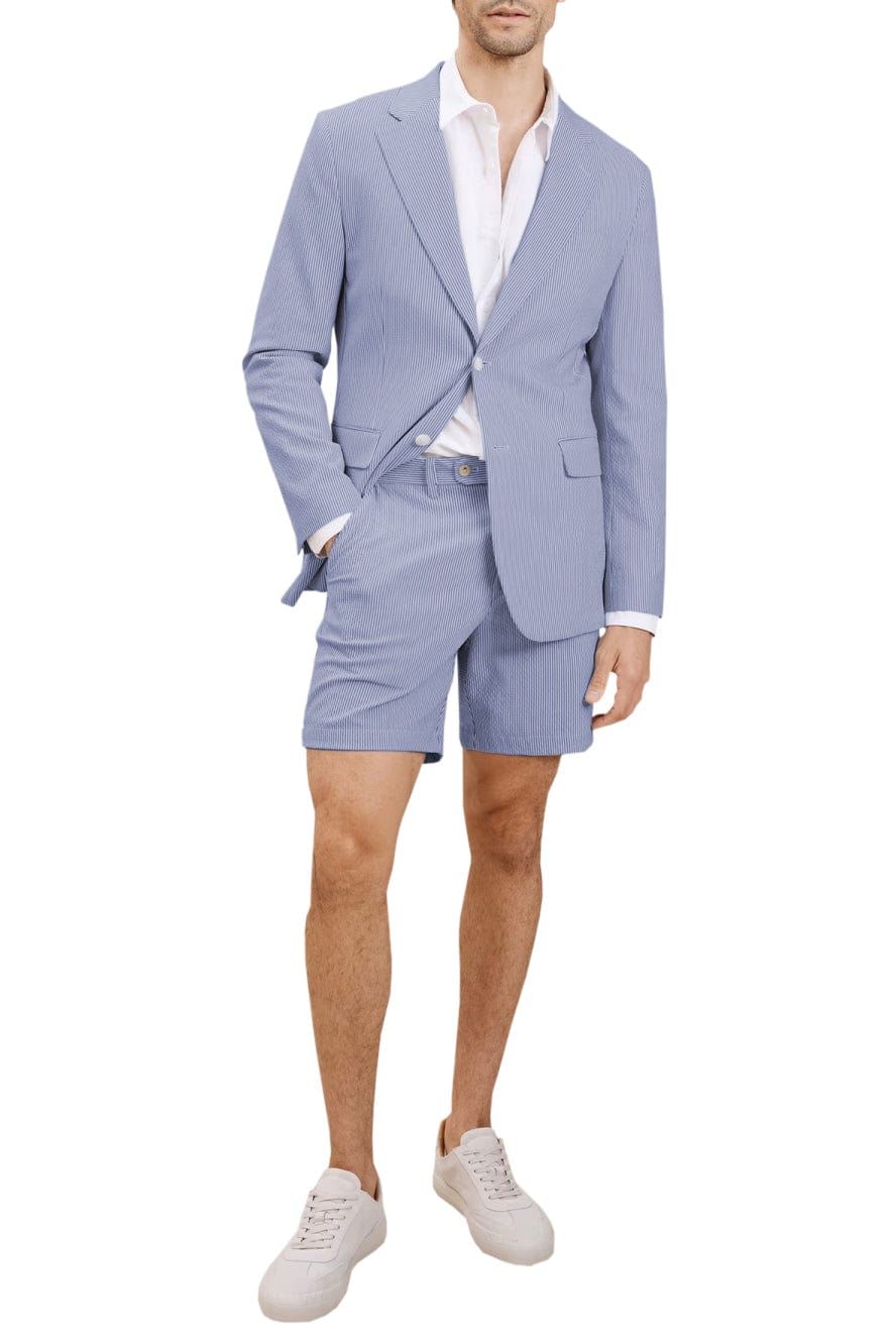 Aesido Light Blue Seersucker -Piece Men’s Summer Suit Blazer + Shorts – Blue R Aesido Light Blue Seersucker -Piece Men’s Summer Suit Blazer + Shorts – Blue R