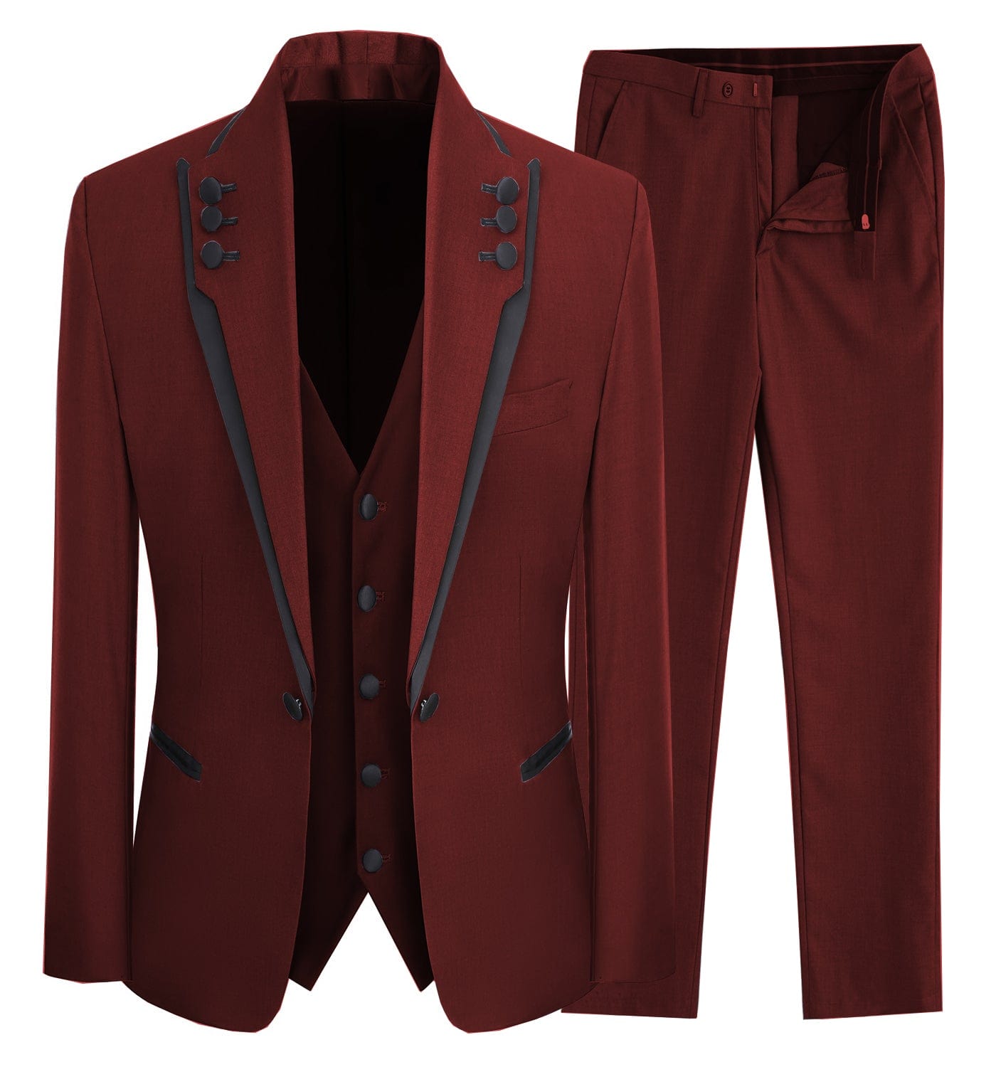 Aesido Piece Business Casual Shawl Lapel Men;s Suit Blazer+Vest+Pants – Burgundy R