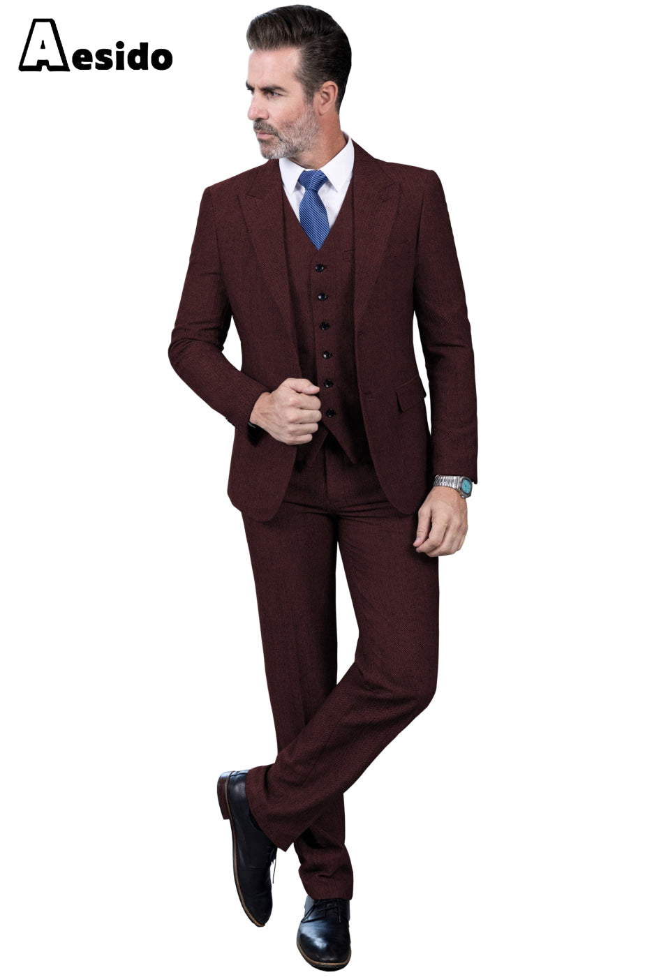 Aesido Piece Business Peak Lapel Men’s Suit Blazer+Vest+Pants – Burgundy R Aesido Piece Business Peak Lapel Men’s Suit Blazer+Vest+Pants – Burgundy R