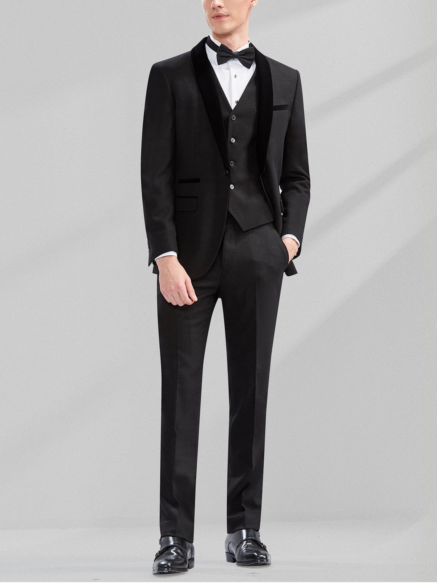 Men’s Black Velvet-Lapel -Piece Suit Blazer, Vest & Pants – Black R Men’s Black Velvet-Lapel -Piece Suit Blazer, Vest & Pants – Black R