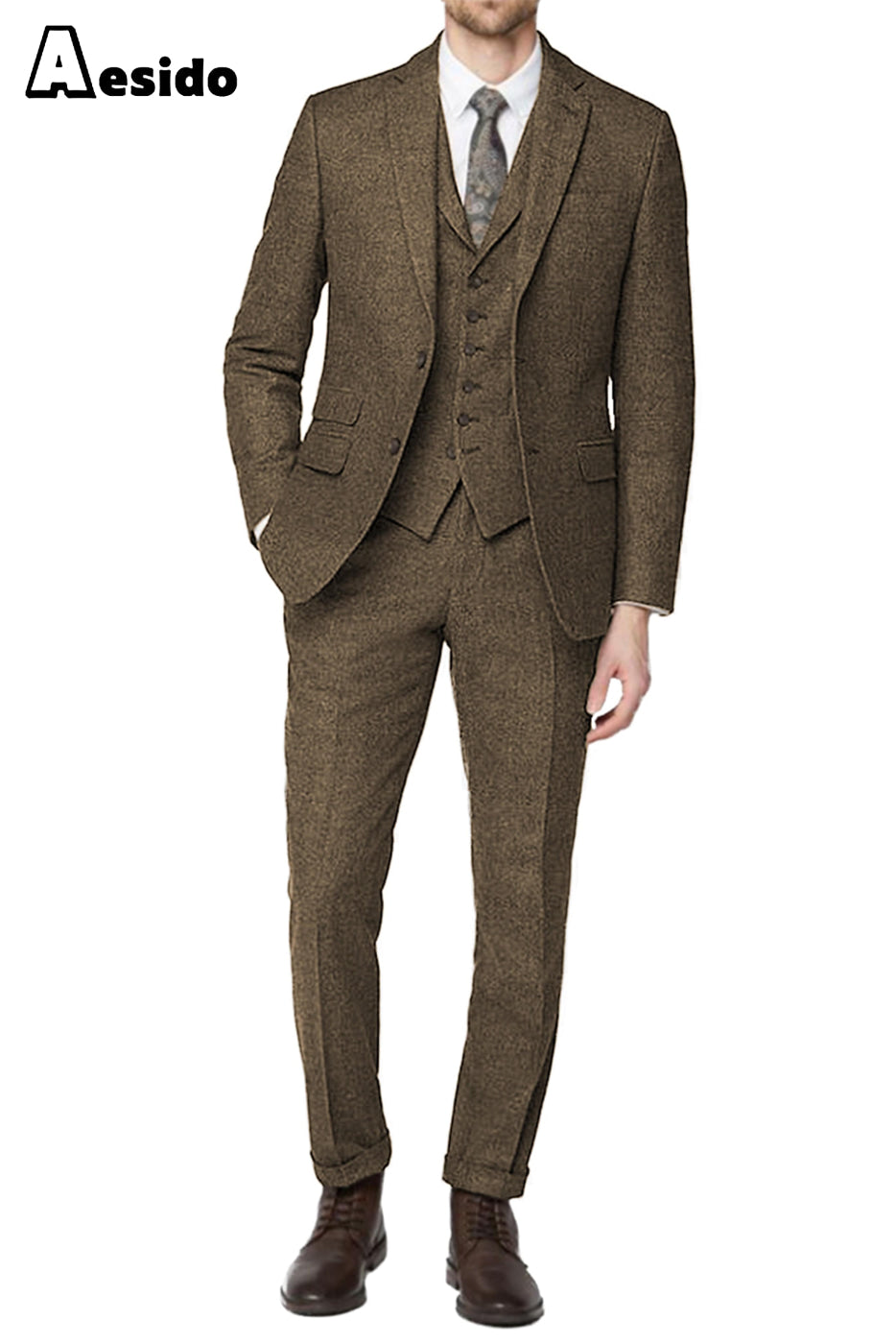 Aesido Piece Notch Lapel Men’s Suit For Wedding(Blazer+Vest+Pants) – Brown R Aesido Piece Notch Lapel Men’s Suit For Wedding(Blazer+Vest+Pants) – Brown R