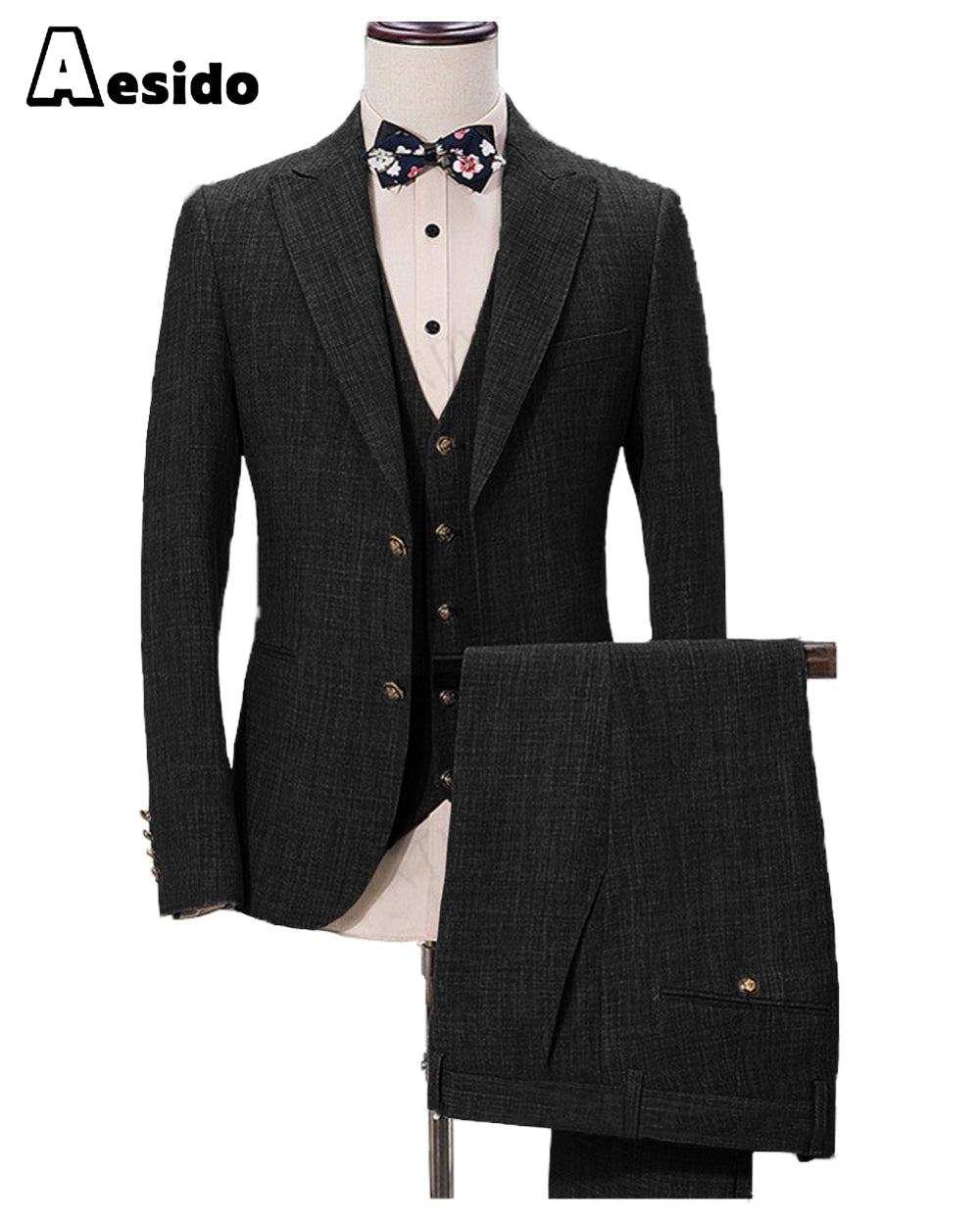 Aesido Pieces Business Mens Suit Regular Fit Peak Lapel Flat Blazer For Wedding Blazer+vest+Pants – Black R Aesido Pieces Business Mens Suit Regular Fit Peak Lapel Flat Blazer For Wedding Blazer+vest+Pants – Black R