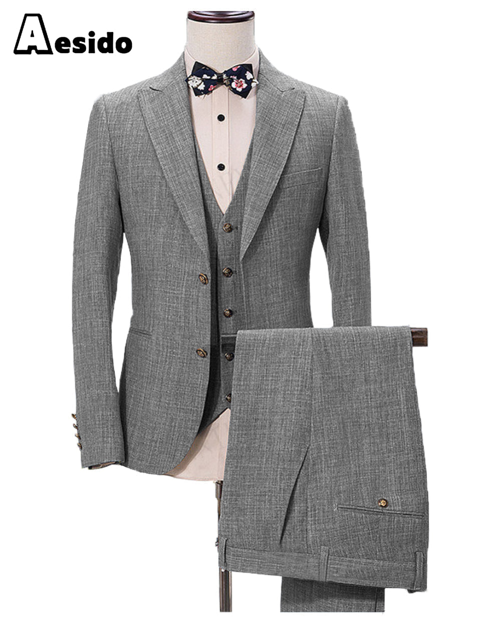 Aesido Pieces Business Mens Suit Regular Fit Peak Lapel Flat Blazer For Wedding Blazer+vest+Pants – Grey R Aesido Pieces Business Mens Suit Regular Fit Peak Lapel Flat Blazer For Wedding Blazer+vest+Pants – Grey R