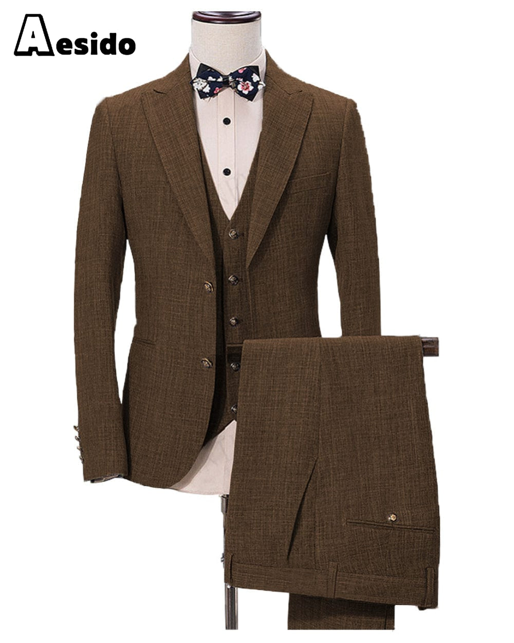 Aesido Pieces Business Mens Suit Regular Fit Peak Lapel Flat Blazer For Wedding Blazer+vest+Pants – Brown R Aesido Pieces Business Mens Suit Regular Fit Peak Lapel Flat Blazer For Wedding Blazer+vest+Pants – Brown R