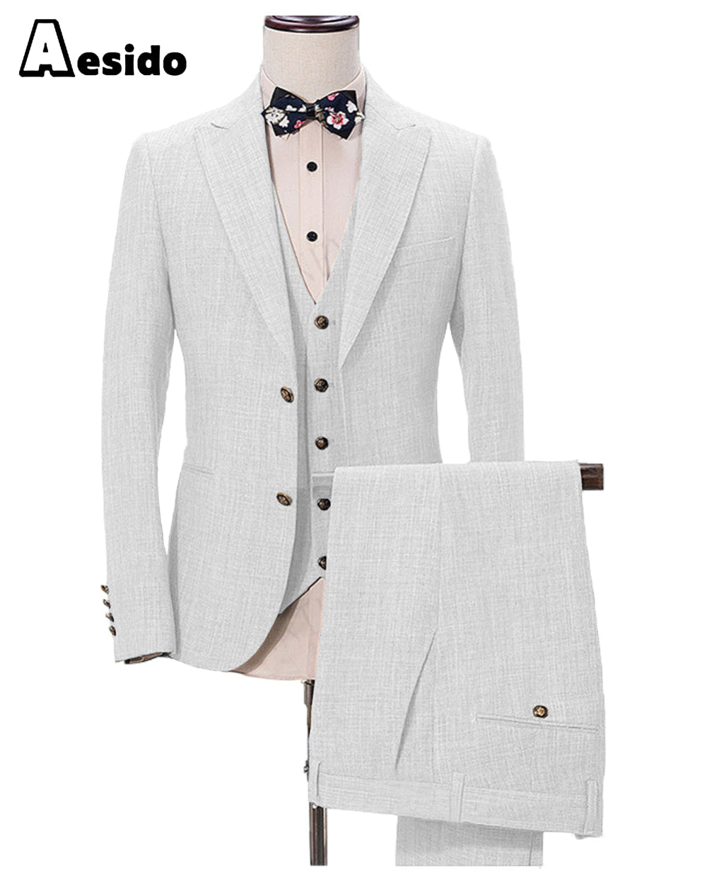 Aesido Pieces Business Mens Suit Regular Fit Peak Lapel Flat Blazer For Wedding Blazer+vest+Pants – White R Aesido Pieces Business Mens Suit Regular Fit Peak Lapel Flat Blazer For Wedding Blazer+vest+Pants – White R