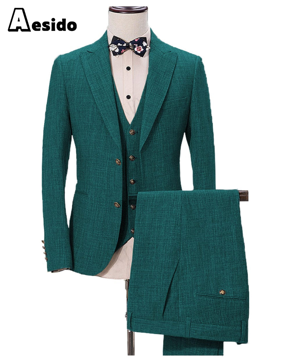 Aesido Pieces Business Mens Suit Regular Fit Peak Lapel Flat Blazer For Wedding Blazer+vest+Pants – Teal R Aesido Pieces Business Mens Suit Regular Fit Peak Lapel Flat Blazer For Wedding Blazer+vest+Pants – Teal R