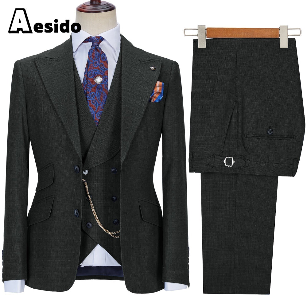 Aesido Pieces Business Mens Suit Slim Fit Peak Lapel Flat Blazer For Wedding Blazer+vest+Pants – Black R Aesido Pieces Business Mens Suit Slim Fit Peak Lapel Flat Blazer For Wedding Blazer+vest+Pants – Black R