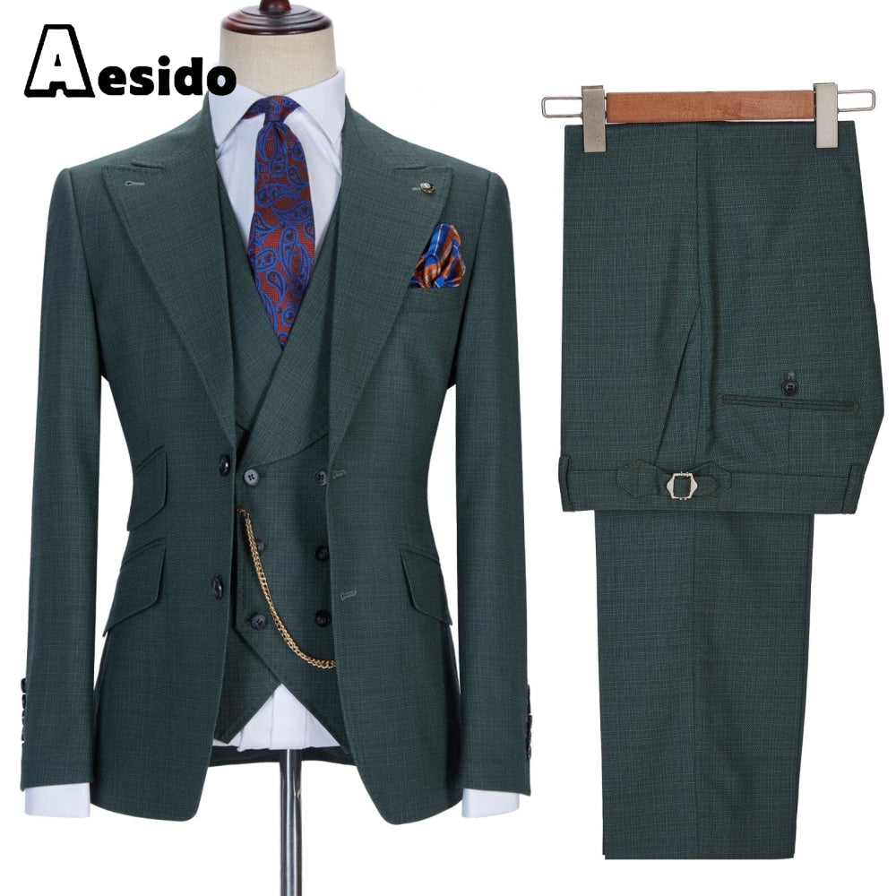 Aesido Pieces Business Mens Suit Slim Fit Peak Lapel Flat Blazer For Wedding Blazer+vest+Pants – Hunt Green R Aesido Pieces Business Mens Suit Slim Fit Peak Lapel Flat Blazer For Wedding Blazer+vest+Pants – Hunt Green R