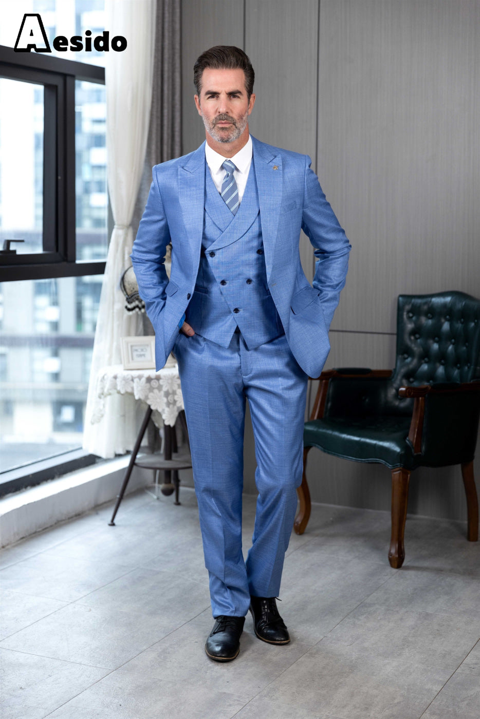 Aesido Pieces Business Peak Lapel Men’s Suit Blazer+Vest+Pants – Blue R Aesido Pieces Business Peak Lapel Men’s Suit Blazer+Vest+Pants – Blue R