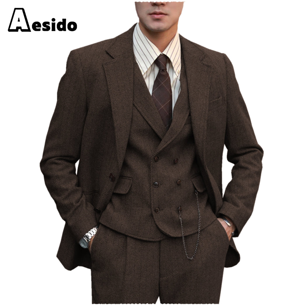 Aesido Pieces Double Breasted Business Casual Slim Fit Men Suit(Blazer+Vest+Pants) – Coffee R Aesido Pieces Double Breasted Business Casual Slim Fit Men Suit(Blazer+Vest+Pants) – Coffee R