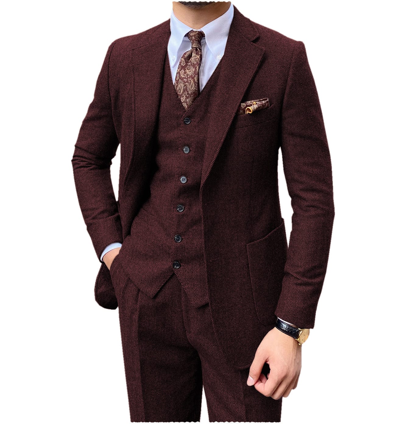 Men’s Herringbone -Piece Suit Blazer, Vest & Pants – Burgundy R Men’s Herringbone -Piece Suit Blazer, Vest & Pants – Burgundy R