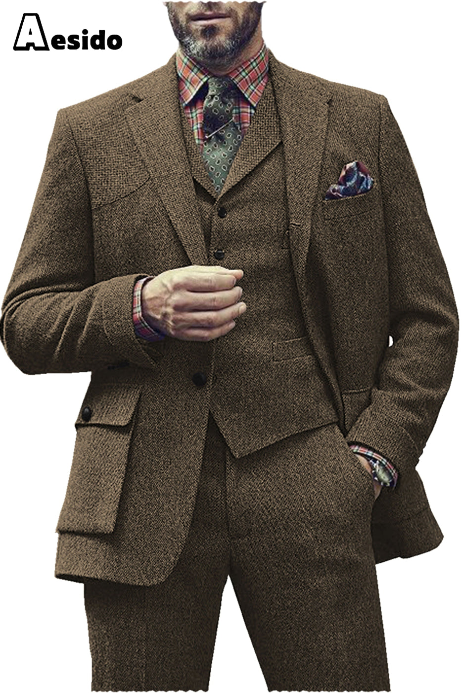 Aesido Pieces Single Button Notch Lapel Men Suit Blazer+Vest+Pants – Brown R Aesido Pieces Single Button Notch Lapel Men Suit Blazer+Vest+Pants – Brown R