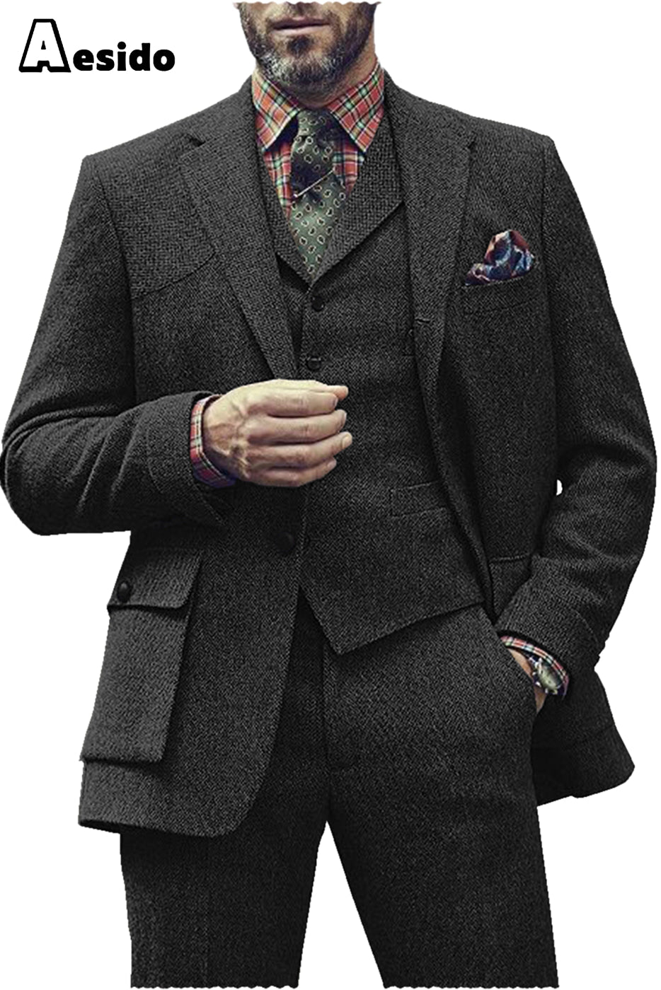 Aesido Pieces Single Button Notch Lapel Men Suit Blazer+Vest+Pants – Black R Aesido Pieces Single Button Notch Lapel Men Suit Blazer+Vest+Pants – Black R
