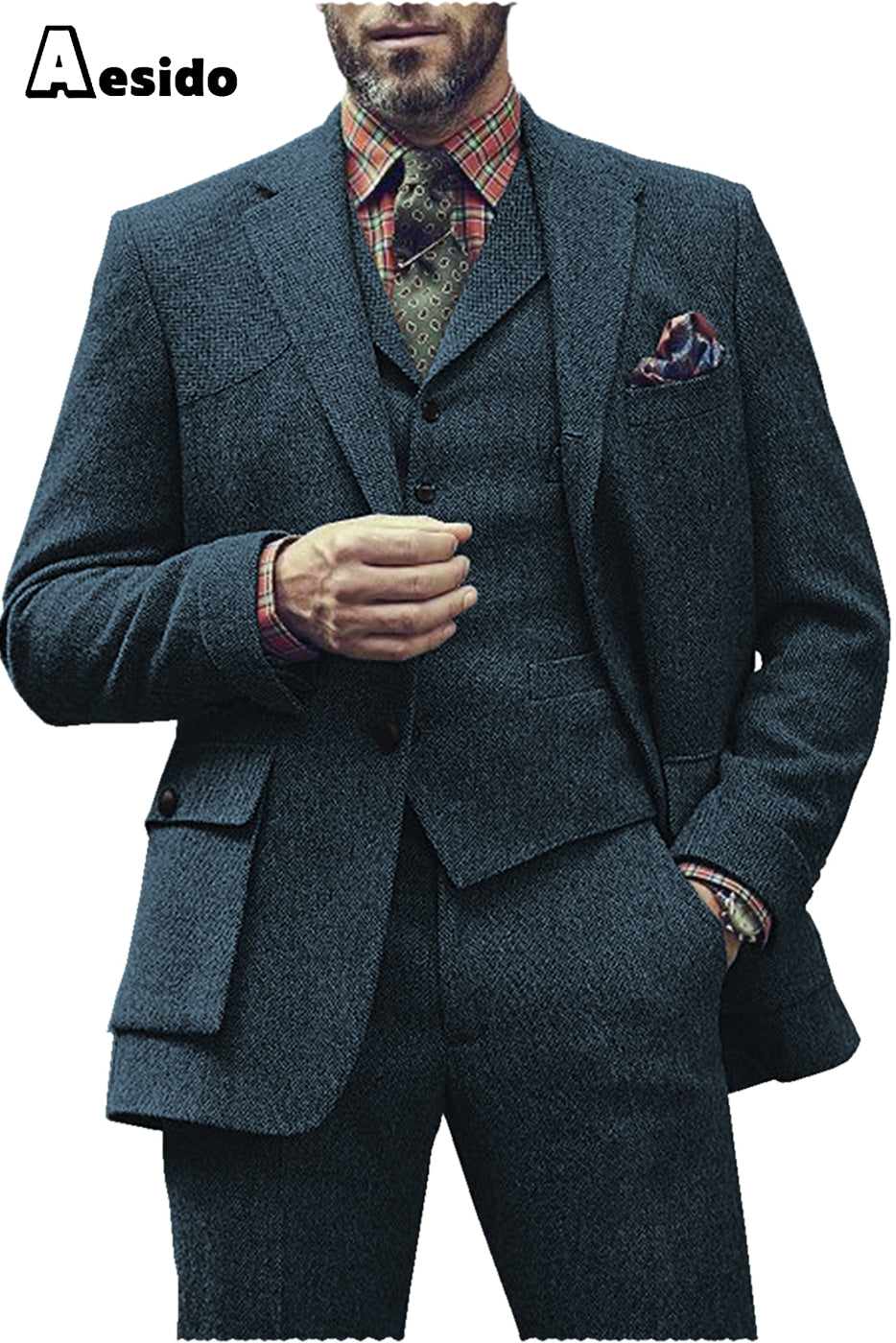 Aesido Pieces Single Button Notch Lapel Men Suit Blazer+Vest+Pants – Blue R Aesido Pieces Single Button Notch Lapel Men Suit Blazer+Vest+Pants – Blue R