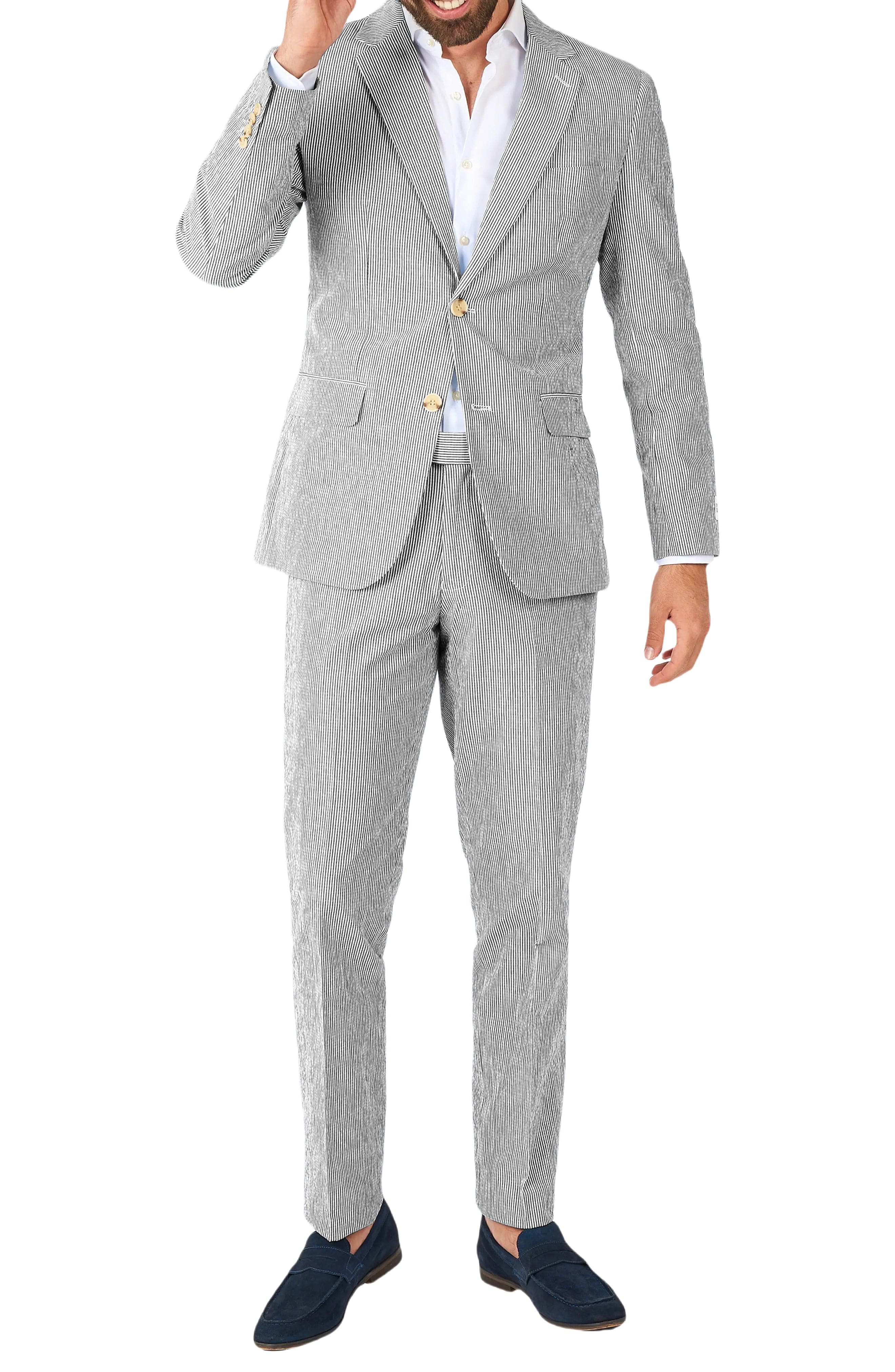 Blue Piece Summer Seersucker Double Button Notch Lapel Men Suit Blazer+Pants – Black R Blue Piece Summer Seersucker Double Button Notch Lapel Men Suit Blazer+Pants – Black R