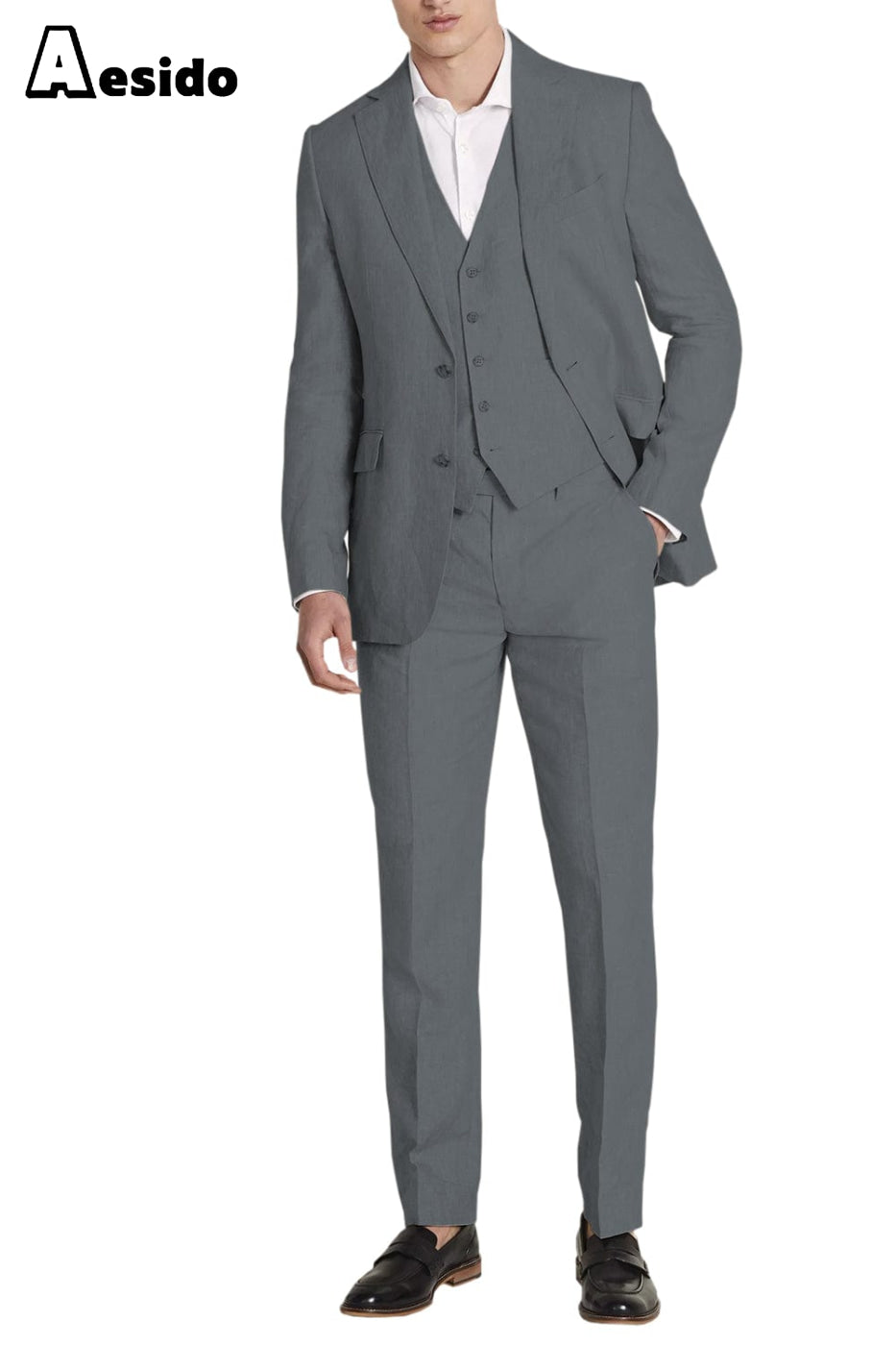 Aesido Business Casual Piece Notch Lapel Men’s Suit Blazer+Vest+Pants – Grey R Aesido Business Casual Piece Notch Lapel Men’s Suit Blazer+Vest+Pants – Grey R