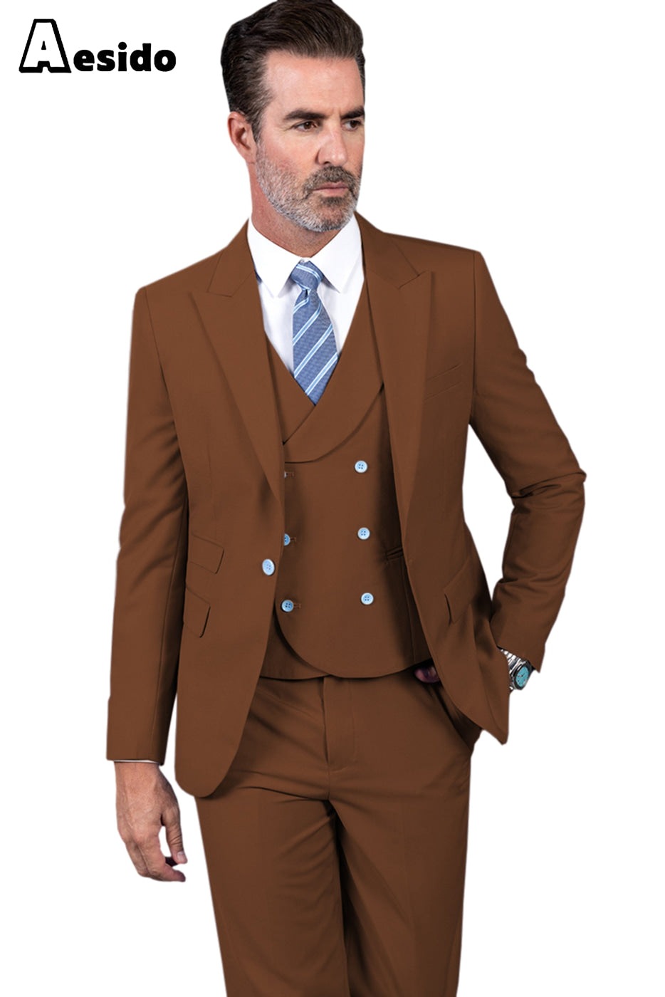 Aesido Business Men’s Suit Pieces Peak Lapel Jacket(Blazer+Vest+Pants) – Light Brown R Aesido Business Men’s Suit Pieces Peak Lapel Jacket(Blazer+Vest+Pants) – Light Brown R