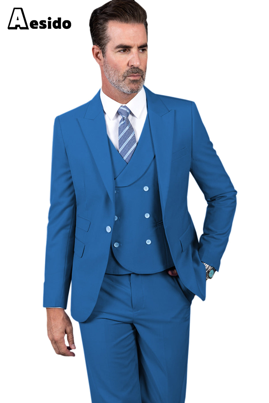 Aesido Business Men’s Suit Pieces Peak Lapel Jacket(Blazer+Vest+Pants) – Blue R Aesido Business Men’s Suit Pieces Peak Lapel Jacket(Blazer+Vest+Pants) – Blue R