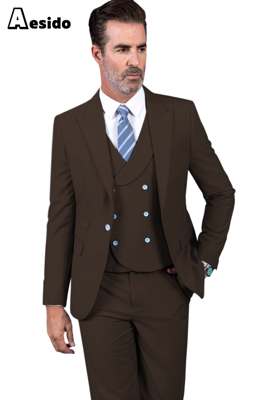 Aesido Business Men’s Suit Pieces Peak Lapel Jacket(Blazer+Vest+Pants) – Coffee R Aesido Business Men’s Suit Pieces Peak Lapel Jacket(Blazer+Vest+Pants) – Coffee R