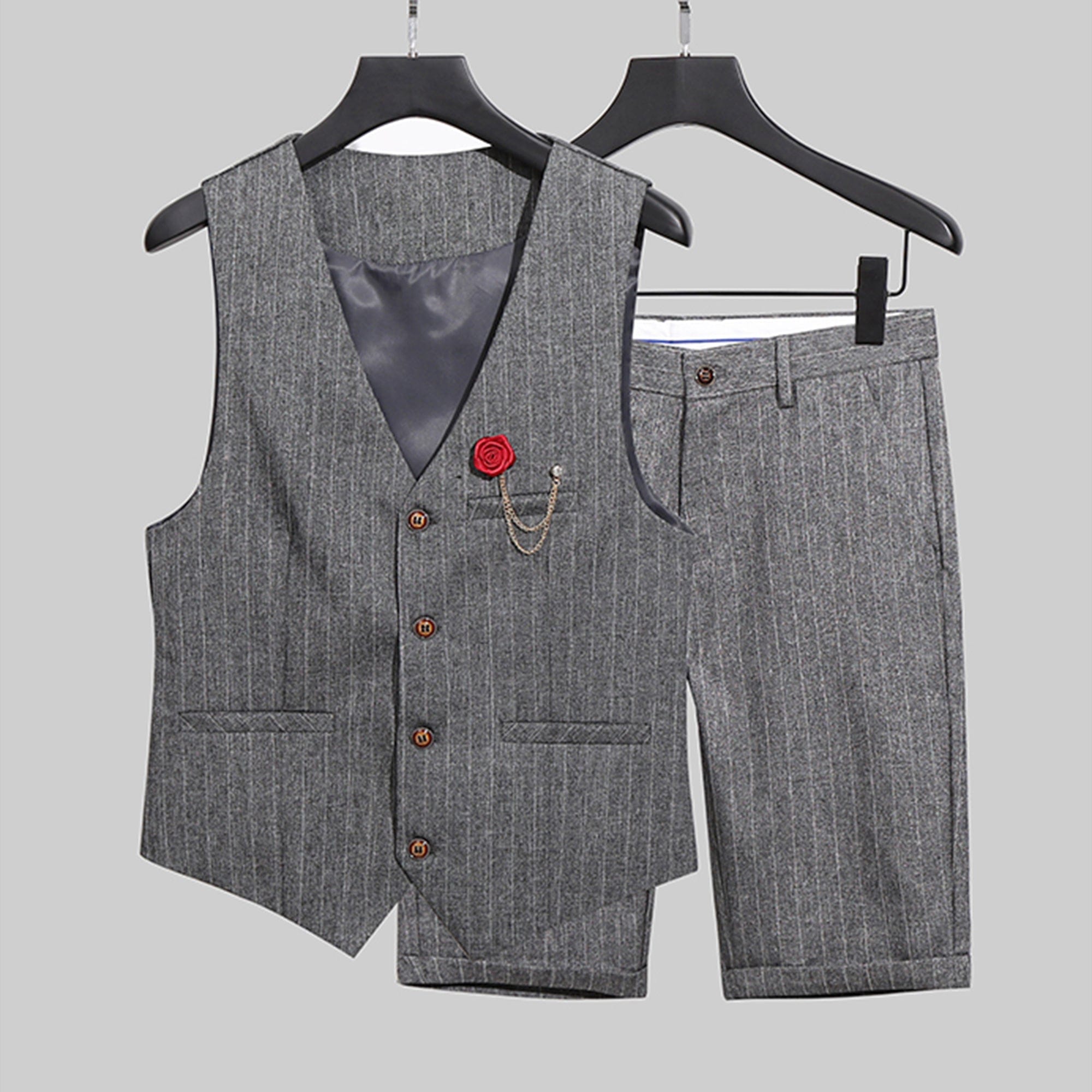Grey Piece Striped Casual Slim Fit Men’s Waistcoat Vest+Shorts – Grey R Grey Piece Striped Casual Slim Fit Men’s Waistcoat Vest+Shorts – Grey R