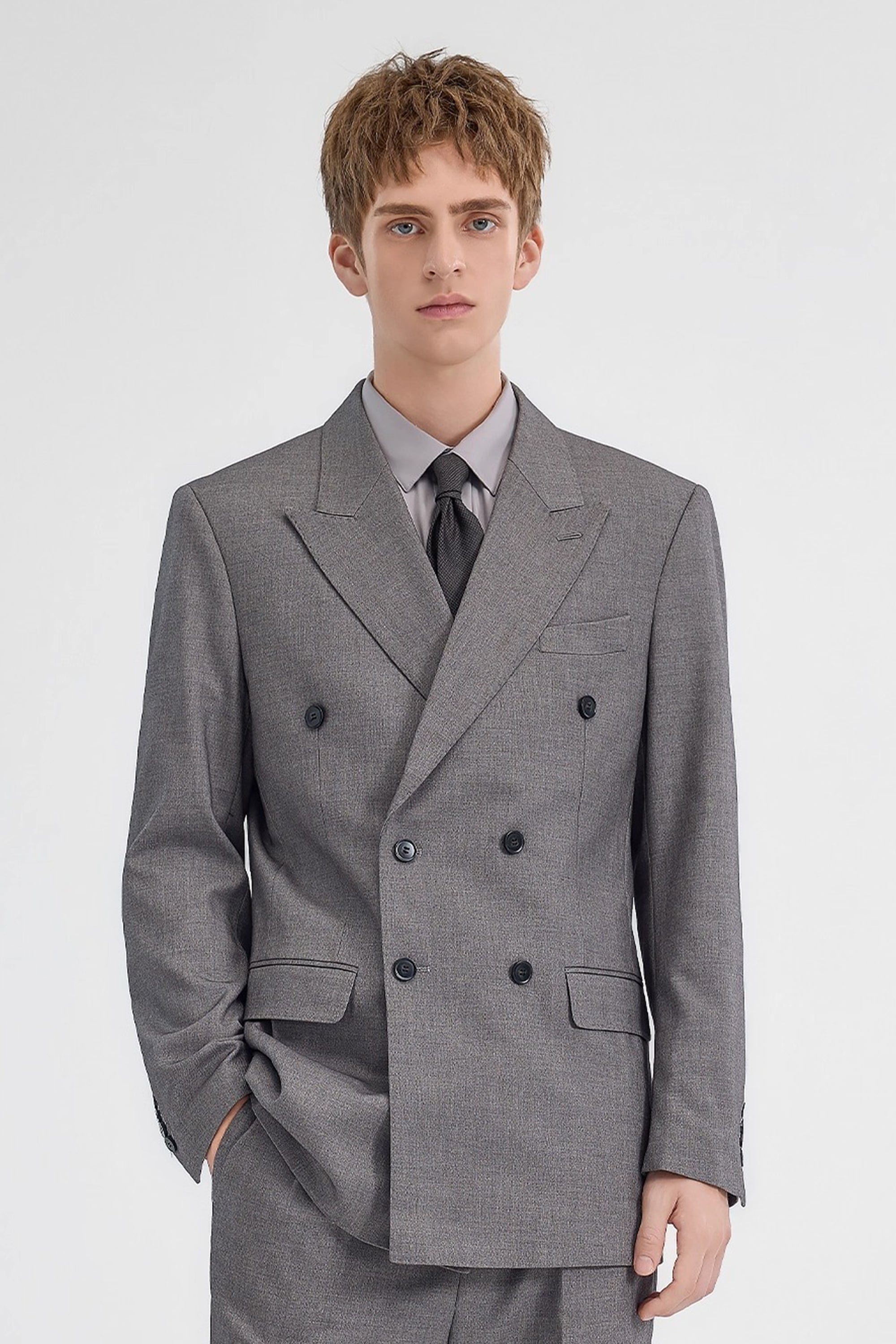 Grey Men’s Two-Piece Suit Double-Breasted Blazer and Trousers – Grey R Grey Men’s Two-Piece Suit Double-Breasted Blazer and Trousers – Grey R