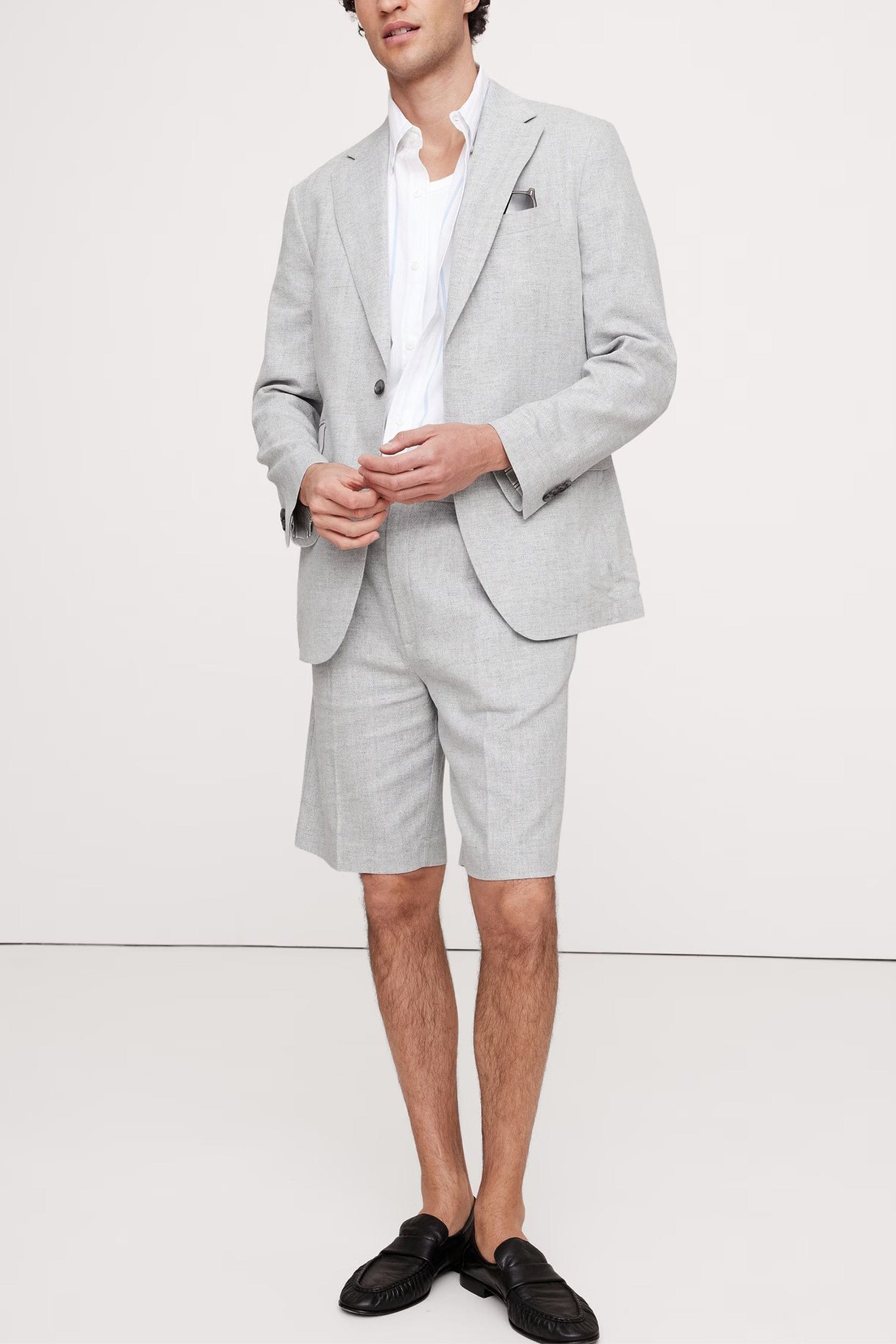Light Grey Piece Summer Herringbone Double Button Business Casual Men Suit Blazer+Shorts – Light Grey R