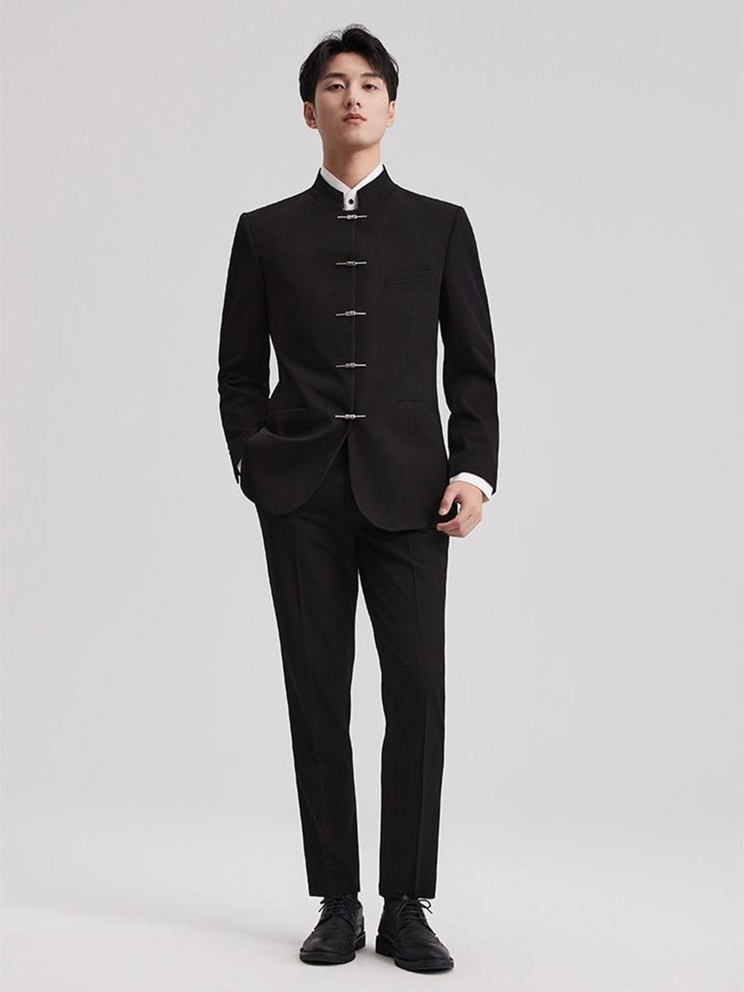 Men’s Black Two-Piece Suit Stand Collar Blazer & Trousers – Black R Men’s Black Two-Piece Suit Stand Collar Blazer & Trousers – Black R