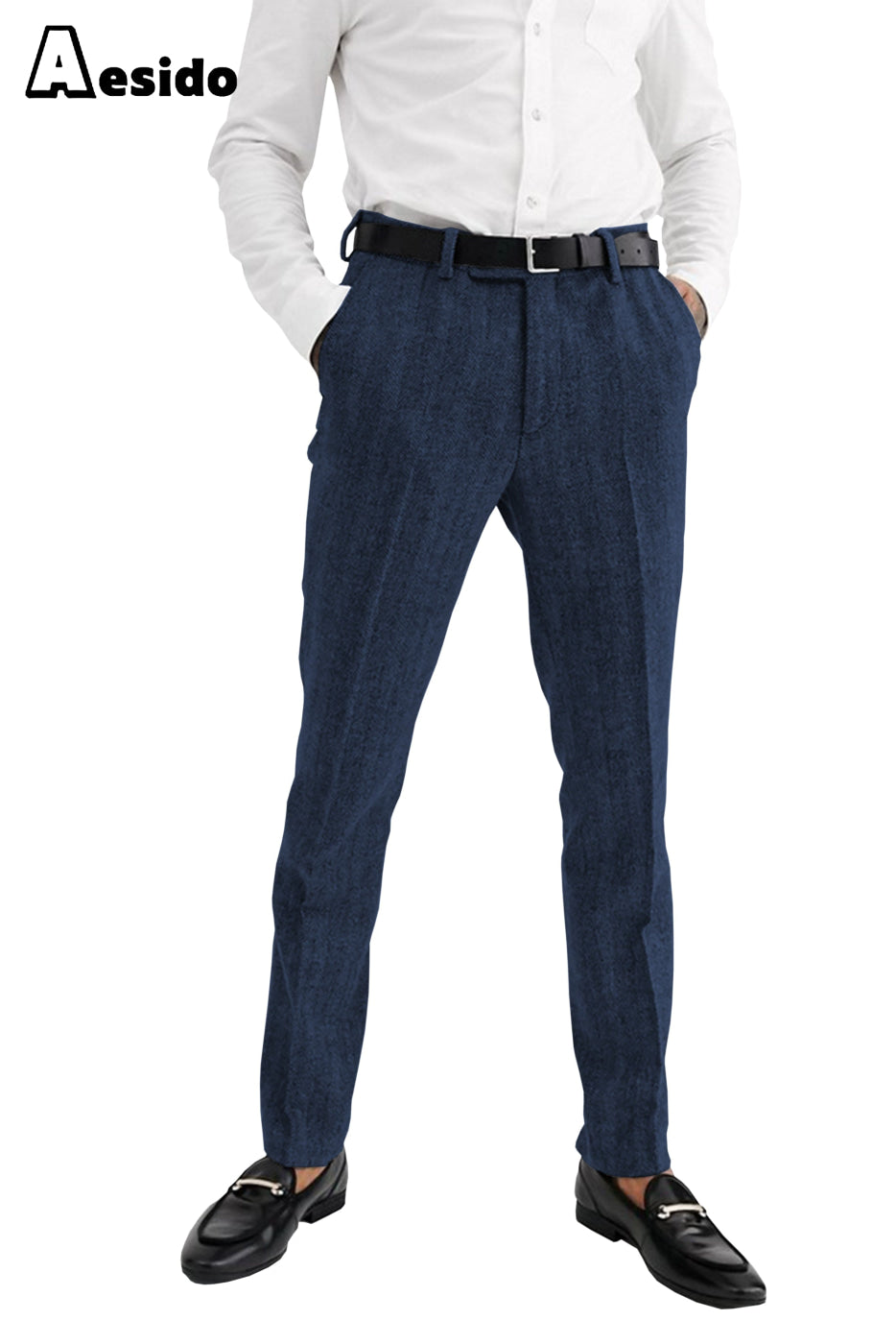 Aesido Men’s Herringbone Trousers – Navy W X L Aesido Men’s Herringbone Trousers – Navy W X L