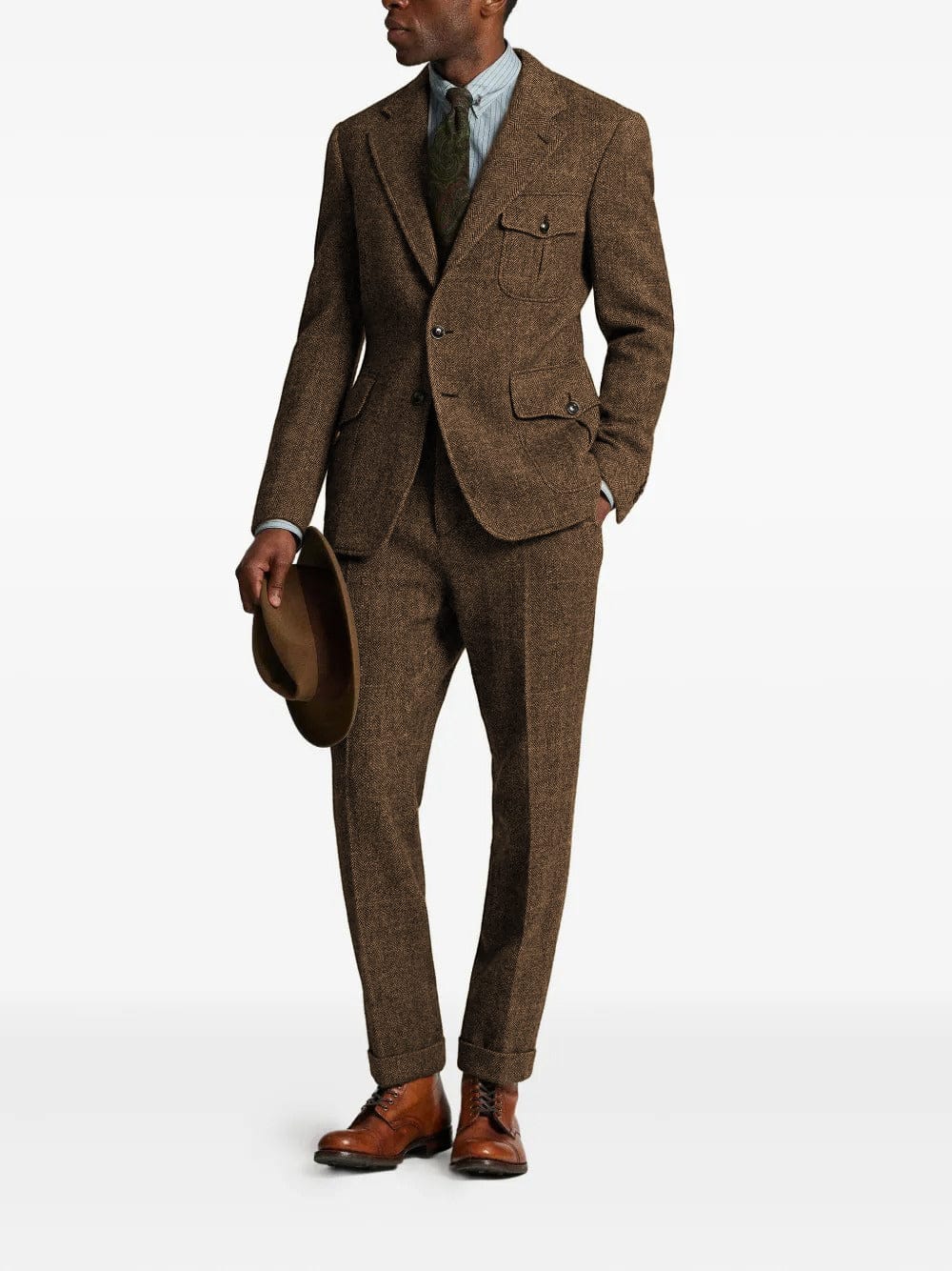 Men’s Herringbone Tweed Piece Suit Double Button Blazer & Pants Set – Brown R Men’s Herringbone Tweed Piece Suit Double Button Blazer & Pants Set – Brown R