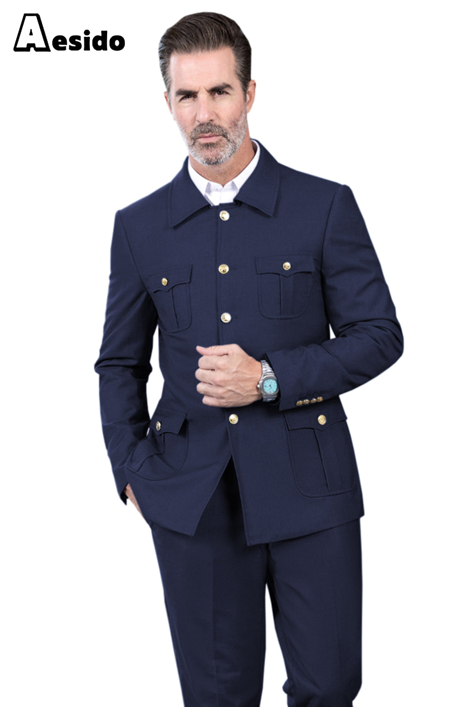 Aesido Piece Business Casual Multi Pocke Stand Collar Men’s Suit Blazer+Pants – Navy R Aesido Piece Business Casual Multi Pocke Stand Collar Men’s Suit Blazer+Pants – Navy R