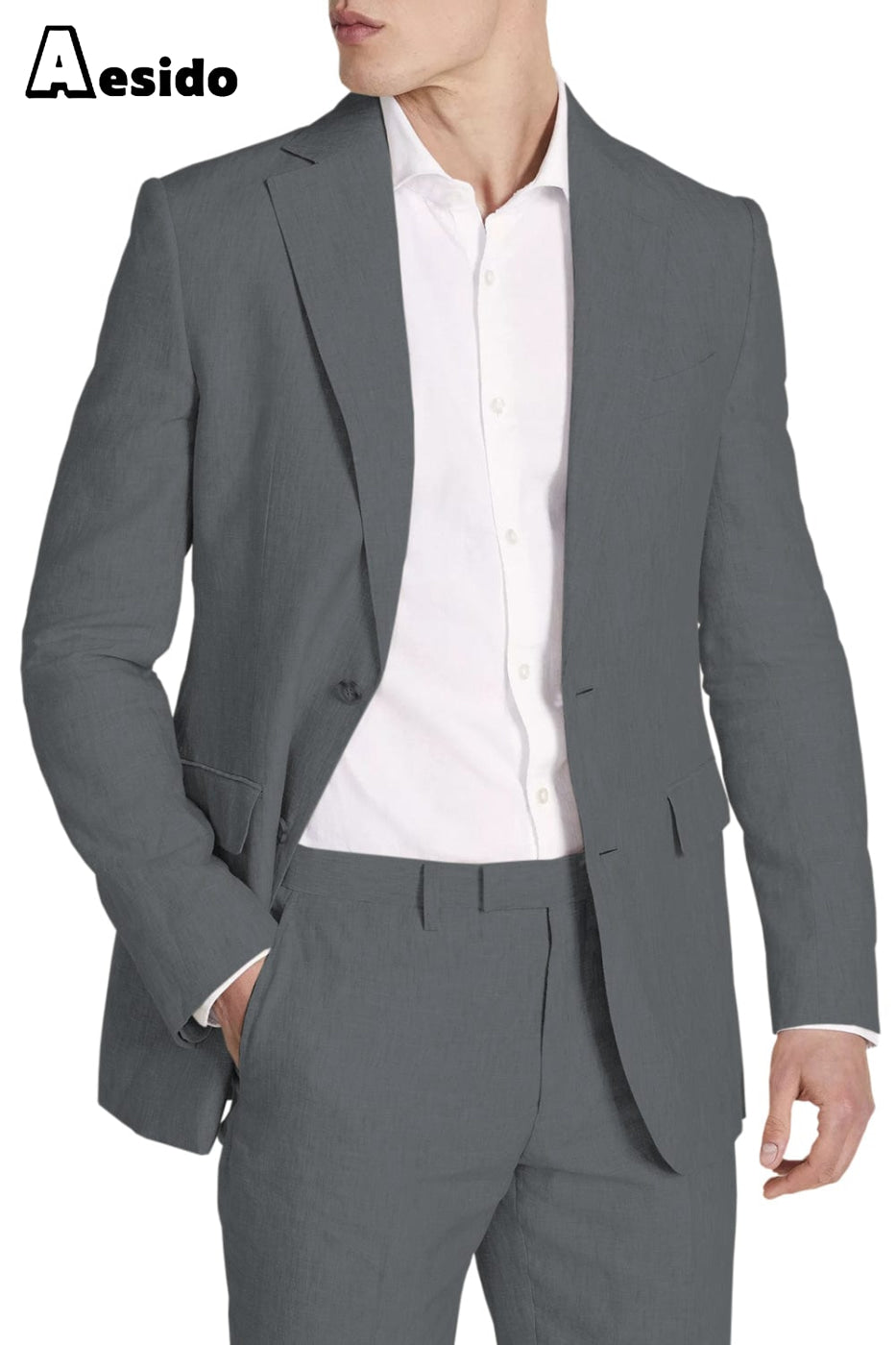 Aesido Pieces Business Casual Double Button Linen Men’s Suit Blazer+Pants – Grey R Aesido Pieces Business Casual Double Button Linen Men’s Suit Blazer+Pants – Grey R