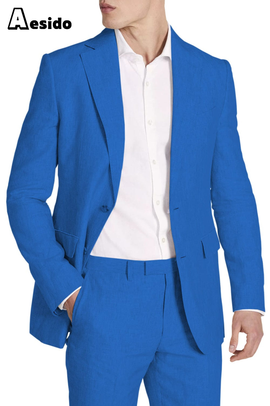 Aesido Pieces Business Casual Double Button Linen Men’s Suit Blazer+Pants – Blue R Aesido Pieces Business Casual Double Button Linen Men’s Suit Blazer+Pants – Blue R