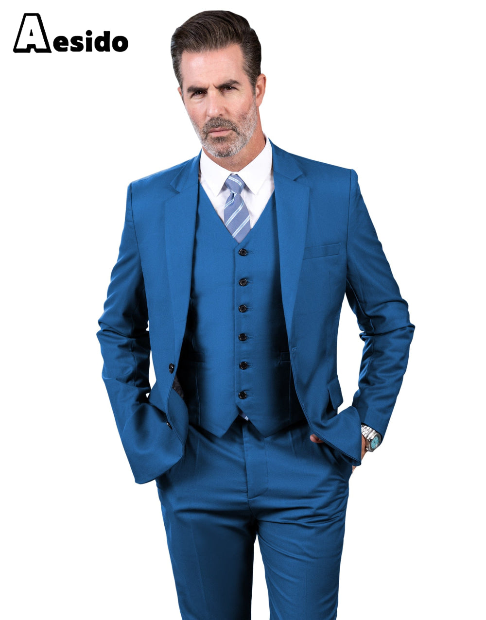 Aesido Men’s Suit Piece Business Casual Jacket For Wedding Blazer+Vest+Pants – Blue R Aesido Men’s Suit Piece Business Casual Jacket For Wedding Blazer+Vest+Pants – Blue R