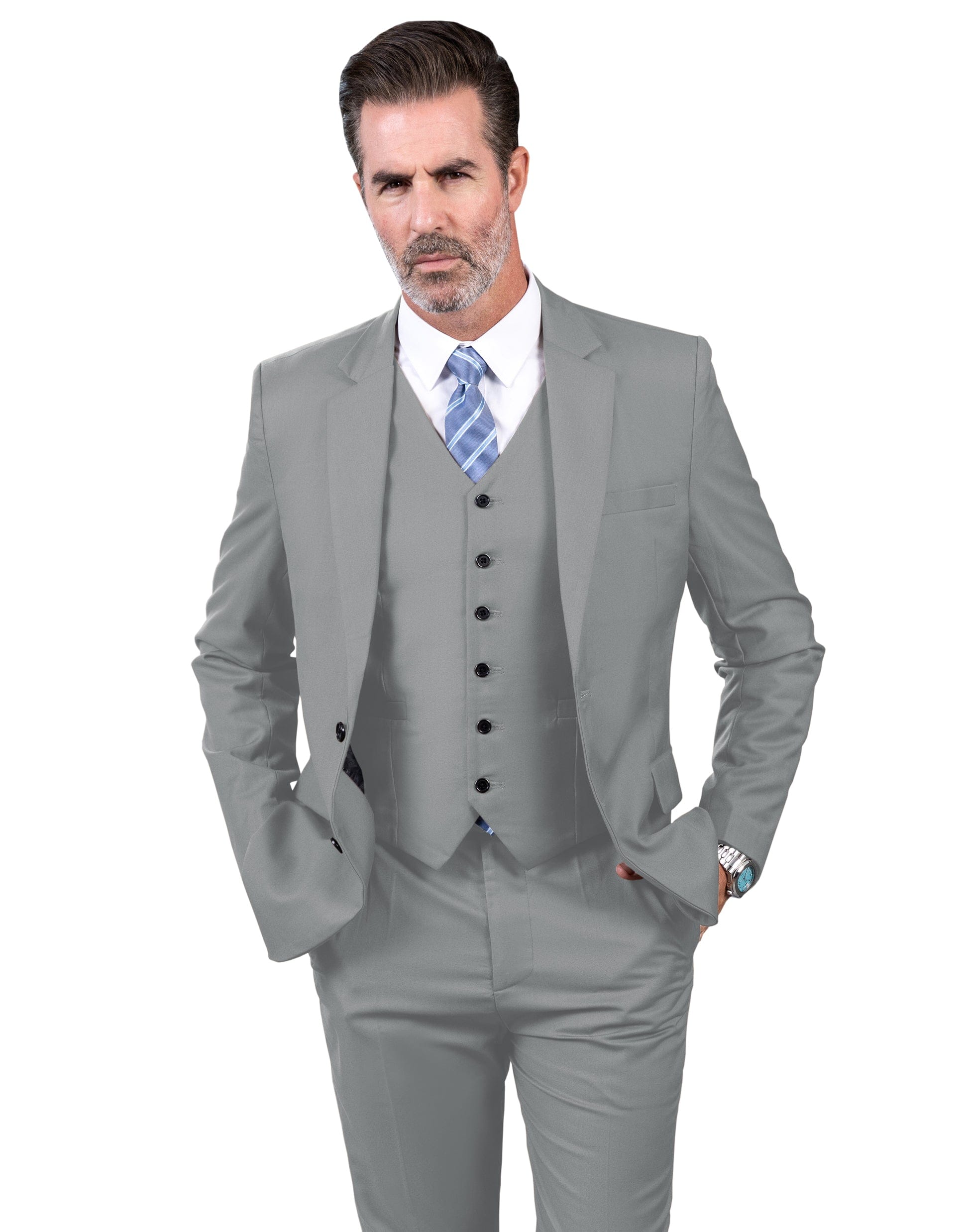 Aesido Men’s Suit Piece Business Casual Jacket For Wedding Blazer+Vest+Pants – Silver R Aesido Men’s Suit Piece Business Casual Jacket For Wedding Blazer+Vest+Pants – Silver R