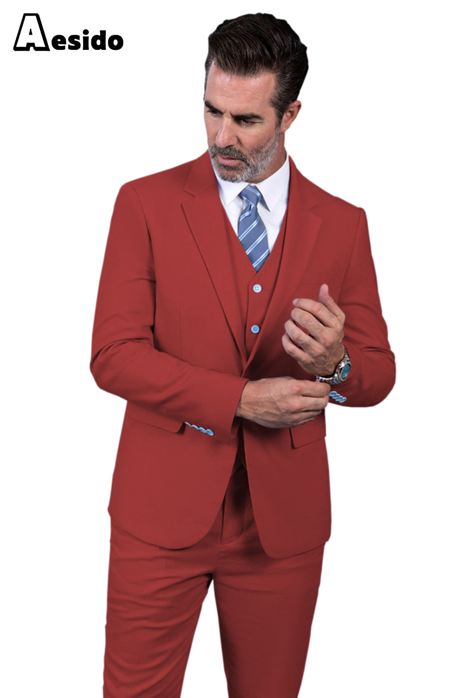 Aesido Men’s Suit Piece Single Buttons Jacket Blazer+Vest+Pants – Red R Aesido Men’s Suit Piece Single Buttons Jacket Blazer+Vest+Pants – Red R
