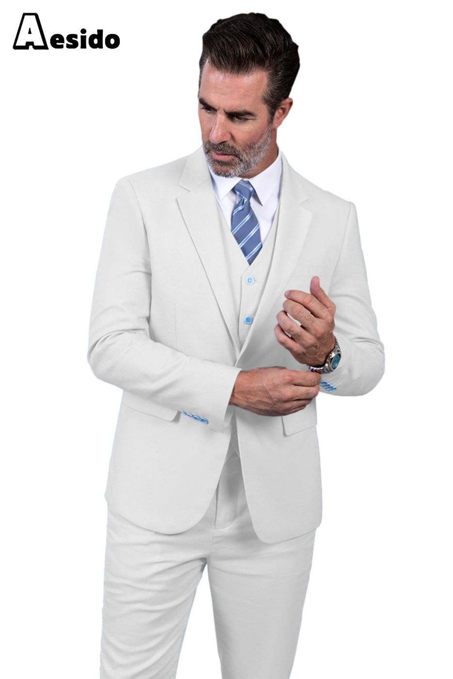 Aesido Men’s Suit Piece Single Buttons Jacket Blazer+Vest+Pants – White R Aesido Men’s Suit Piece Single Buttons Jacket Blazer+Vest+Pants – White R