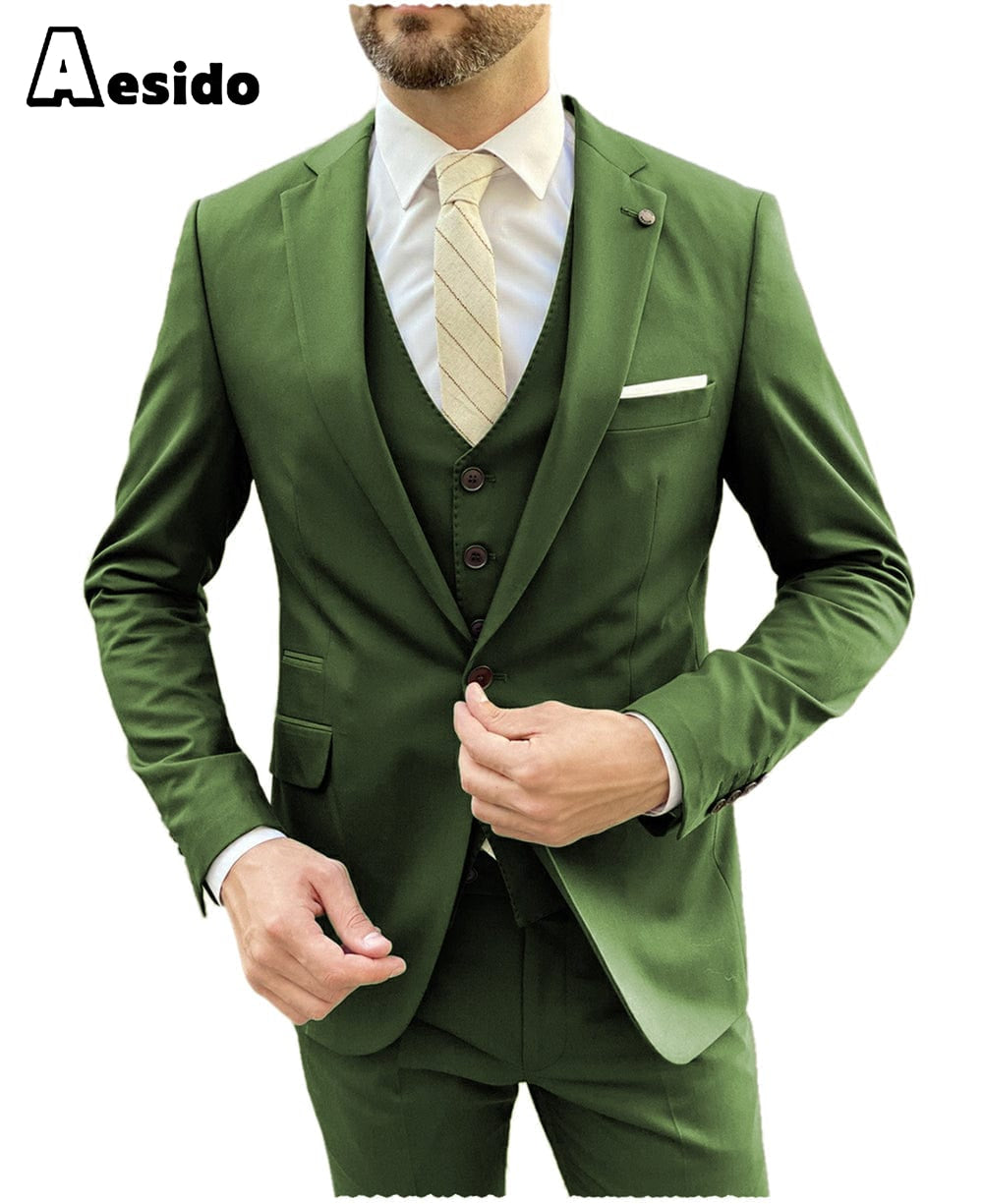 Aesido Men’s Suit Pieces Single Buttons Notch Lapel Jacket Blazer+Vest+Pants – Olive Green R Aesido Men’s Suit Pieces Single Buttons Notch Lapel Jacket Blazer+Vest+Pants – Olive Green R
