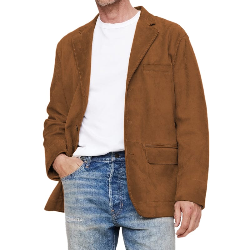 Men’s Vintage Suede Notched Lapel Single Breasted Blazer – Brown R Men’s Vintage Suede Notched Lapel Single Breasted Blazer – Brown R