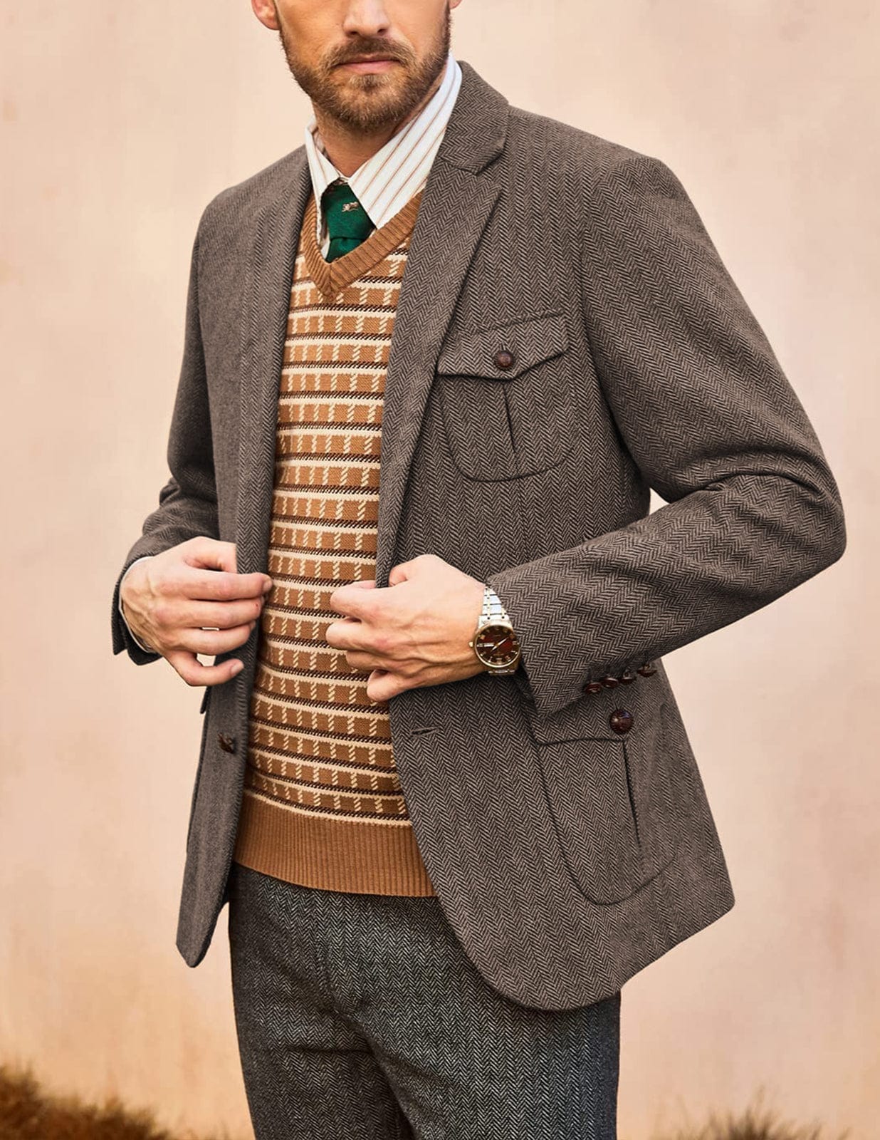 Men’s Herringbone Notch Lapel Blazer Classic Double-Button Jacket – Light Brown R Men’s Herringbone Notch Lapel Blazer Classic Double-Button Jacket – Light Brown R