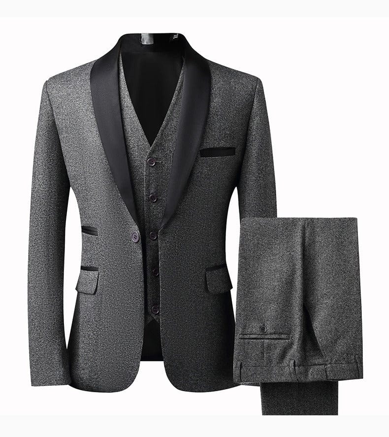 Men’s Wool Blend Tweed -Piece Suit Peak Lapel Blazer, Vest & Pants – Grey R Men’s Wool Blend Tweed -Piece Suit Peak Lapel Blazer, Vest & Pants – Grey R