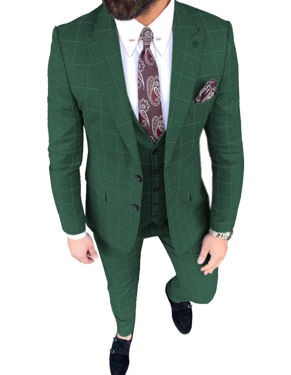 Aesido Plaid Peak Lapel Pieces Mens Suit Blazer+vest+Pants – Hunt Green R Aesido Plaid Peak Lapel Pieces Mens Suit Blazer+vest+Pants – Hunt Green R