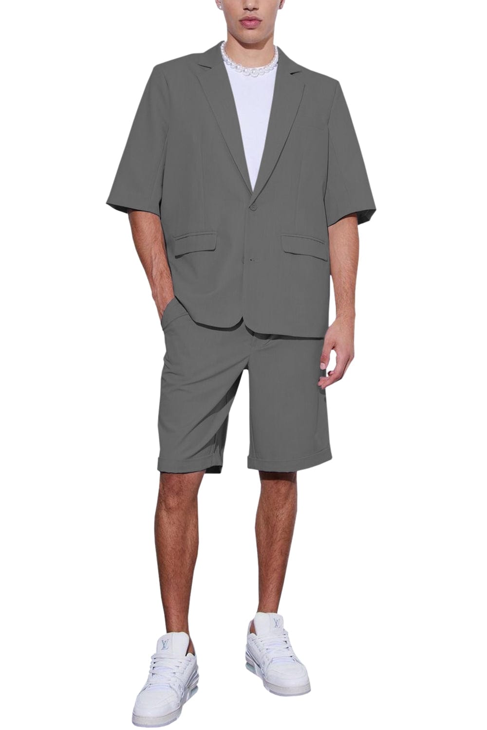 Aesido Men’s Suit Piece Summer Casual NotchLapel Short Sleeved Jacket Blazer+Shorts – Grey R Aesido Men’s Suit Piece Summer Casual NotchLapel Short Sleeved Jacket Blazer+Shorts – Grey R