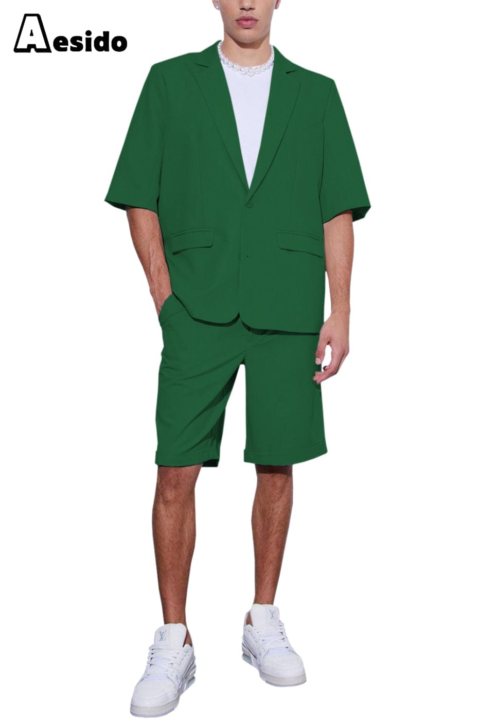 Aesido Men’s Suit Piece Summer Casual Notch Lapel Short Sleeved Jacket Blazer+Shorts – Green R Aesido Men’s Suit Piece Summer Casual Notch Lapel Short Sleeved Jacket Blazer+Shorts – Green R